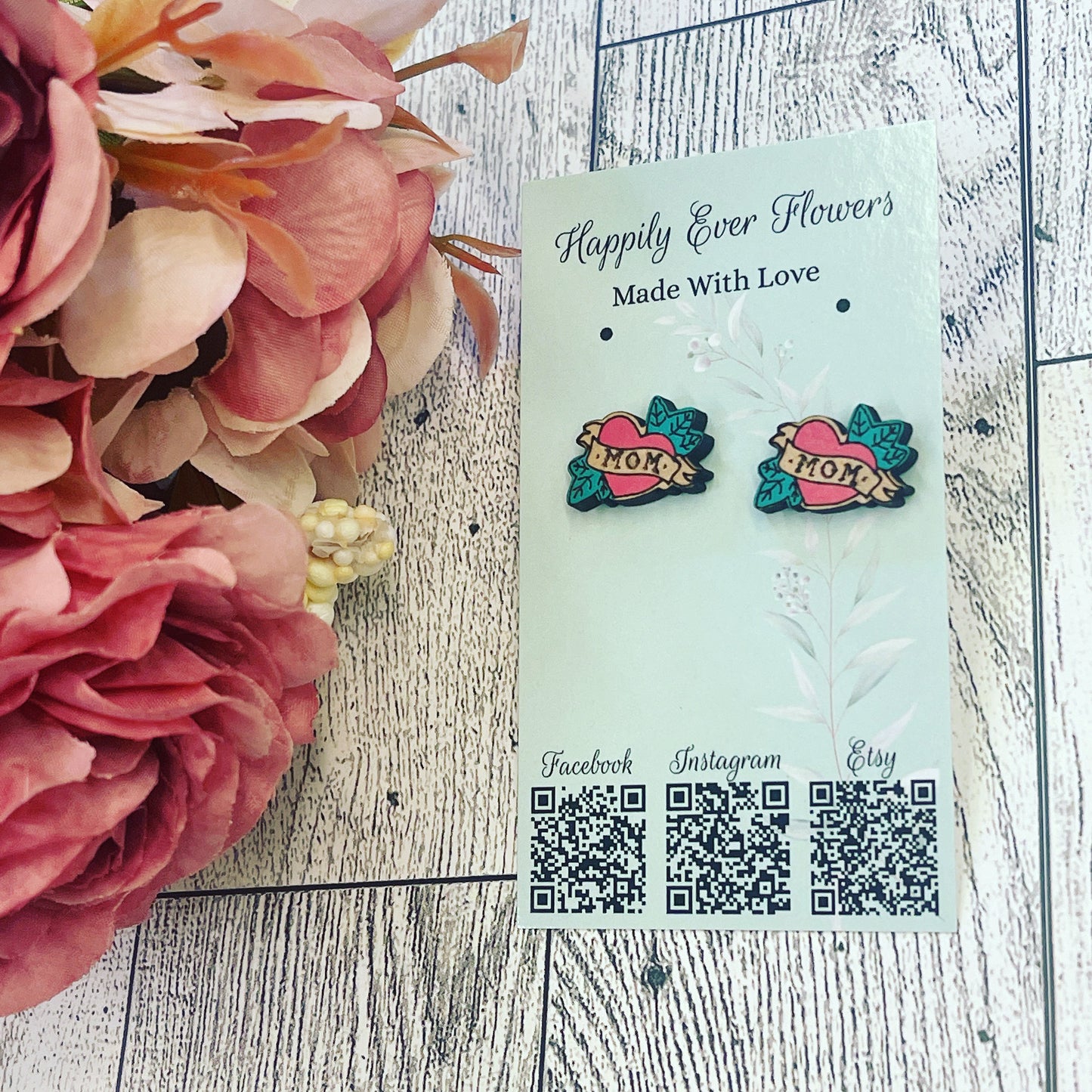 Mom Stud Earrings, Mom Heart Studs,