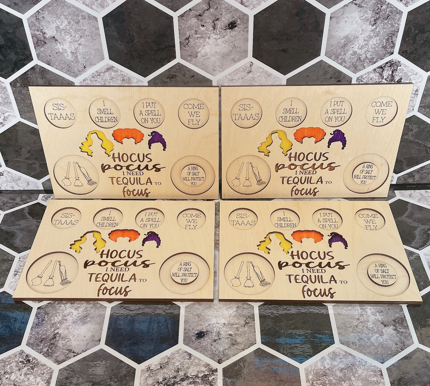 Tequila flight board, Hocus Pocus tequila flight board, I need tequila to focus, Halloween flight board