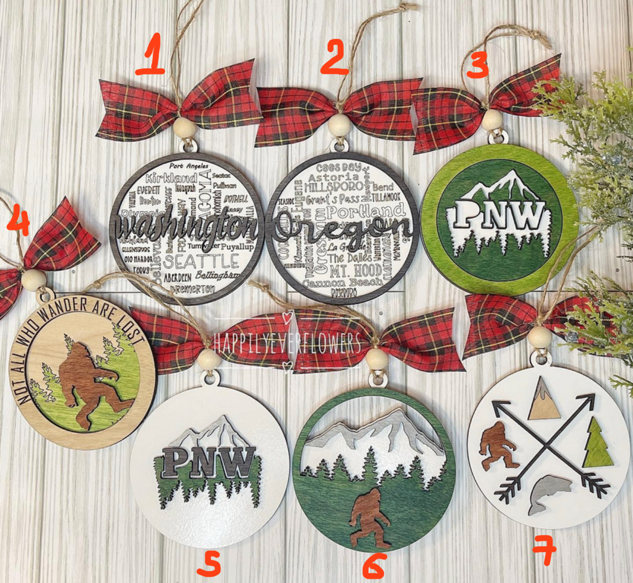 PNW ornaments, Pacific Northwest ornaments, bigfoot ornaments, Washington, Oregon ornaments