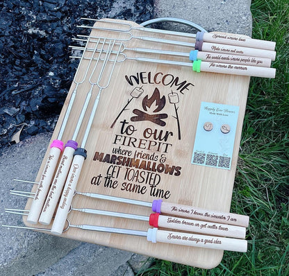 S’more board and sticks, campfire board and sticks, marshmallows sticks, hotdog sticks, personalized board and stick