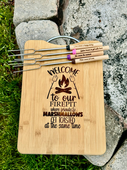 S’more board and sticks, campfire board and sticks, marshmallows sticks, hotdog sticks, personalized board and stick