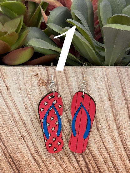 4th of July earrings, Independence Day earrings, American flag earrings, red blue white earrings, sunflower, peace, popsicles, flip flops, sunglasses, victory hand