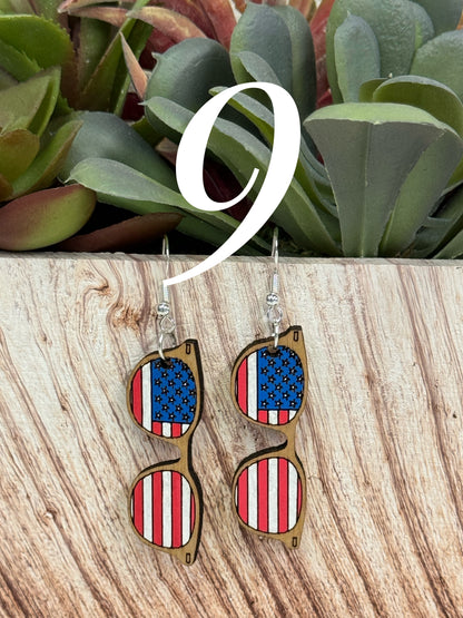 4th of July earrings, Independence Day earrings, American flag earrings, red blue white earrings, sunflower, peace, popsicles, flip flops, sunglasses, victory hand