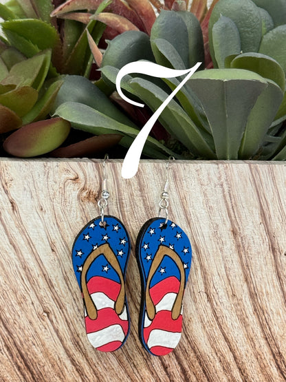 4th of July earrings, Independence Day earrings, American flag earrings, red blue white earrings, sunflower, peace, popsicles, flip flops, sunglasses, victory hand