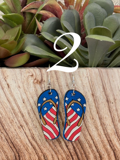 4th of July earrings, Independence Day earrings, American flag earrings, red blue white earrings, sunflower, peace, popsicles, flip flops, sunglasses, victory hand