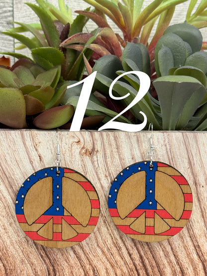 4th of July earrings, Independence Day earrings, American flag earrings, red blue white earrings, sunflower, peace, popsicles, flip flops, sunglasses, victory hand