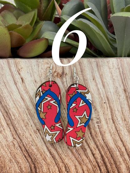 4th of July earrings, Independence Day earrings, American flag earrings, red blue white earrings, sunflower, peace, popsicles, flip flops, sunglasses, victory hand