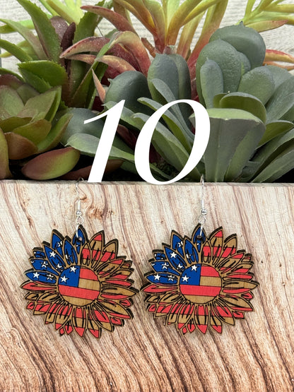 4th of July earrings, Independence Day earrings, American flag earrings, red blue white earrings, sunflower, peace, popsicles, flip flops, sunglasses, victory hand