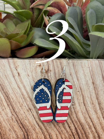 4th of July earrings, Independence Day earrings, American flag earrings, red blue white earrings, sunflower, peace, popsicles, flip flops, sunglasses, victory hand