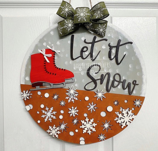 Let it snow door sign, ice skating door sign, holiday door sign