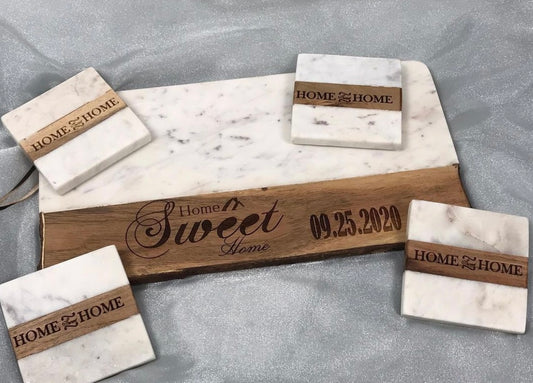 Marble and Wood Coaster and Cutting Board Set