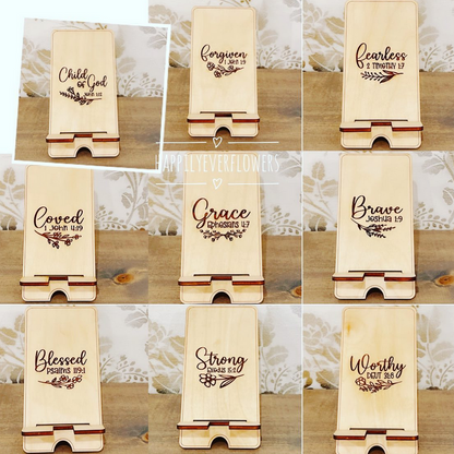 Wooden phonestand, Child of God, Forgiven, Fearless, Loved, Grace, Brave, Blessed, Strong, Worthy phonestand, personalized phone stand