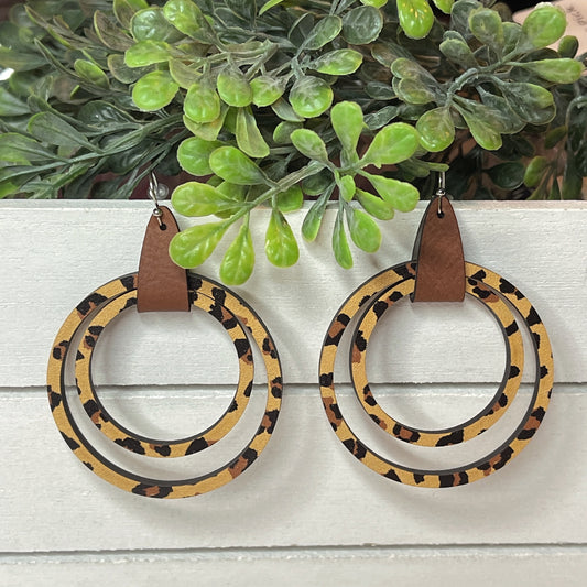 Leopard print wooden hoop and leather earrings