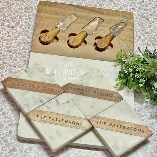 Wood Marble Charcuterie Board and Coaster Set